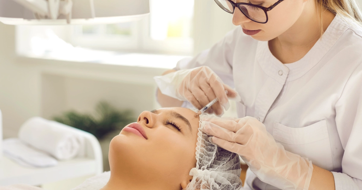 A young woman receives a Sculptra injection in Pueblo, CO from a gloved technician in a bright, clean clinical setting.